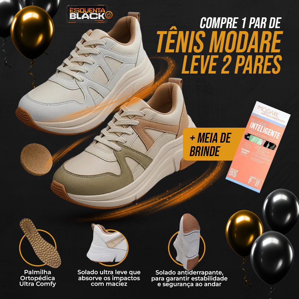 Compre 1 Leve 2 Tênis Ortopédico Modare + Meia Inteligente - [ESQUENTA BLACK]